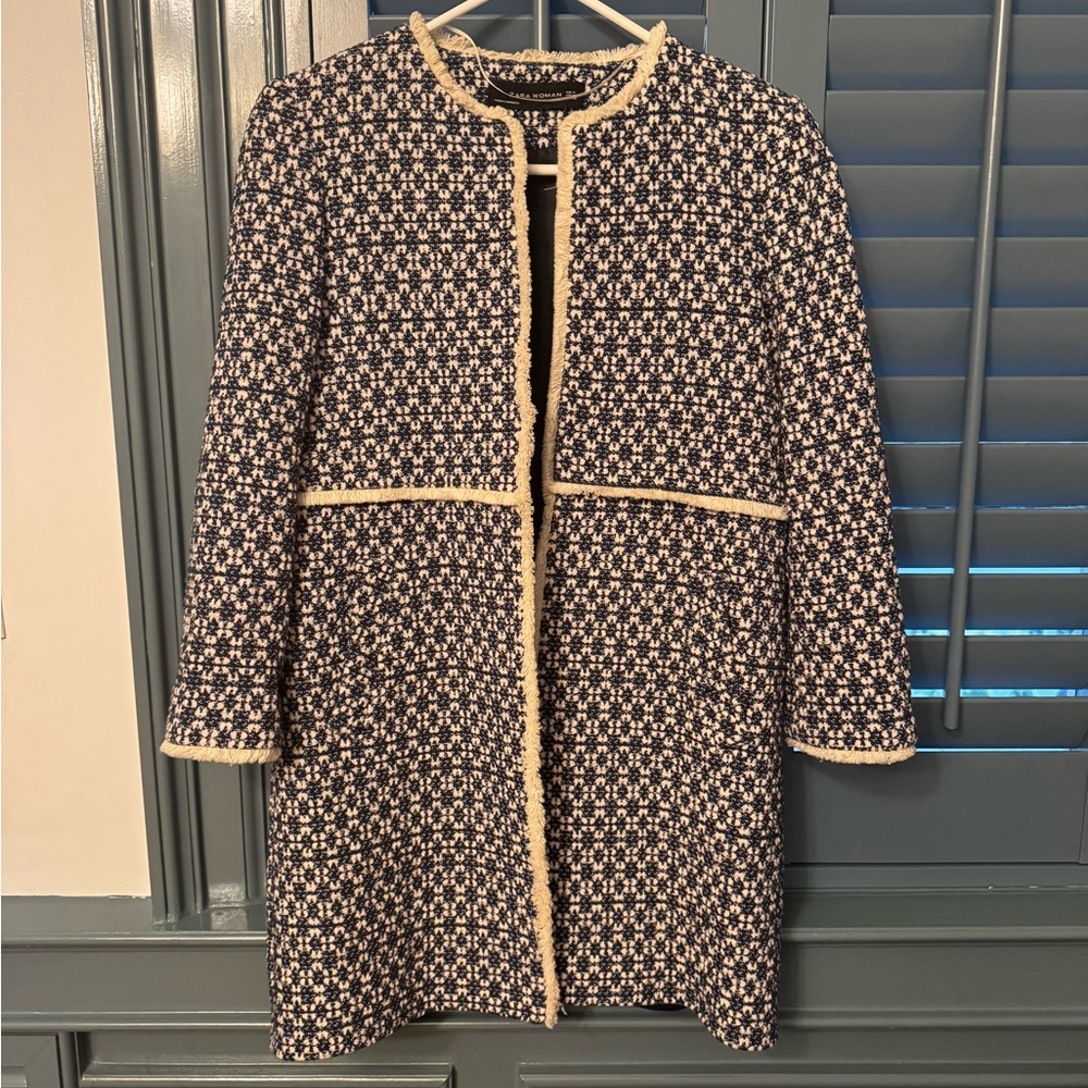 Zara Navy and Cream Tweed Jacket